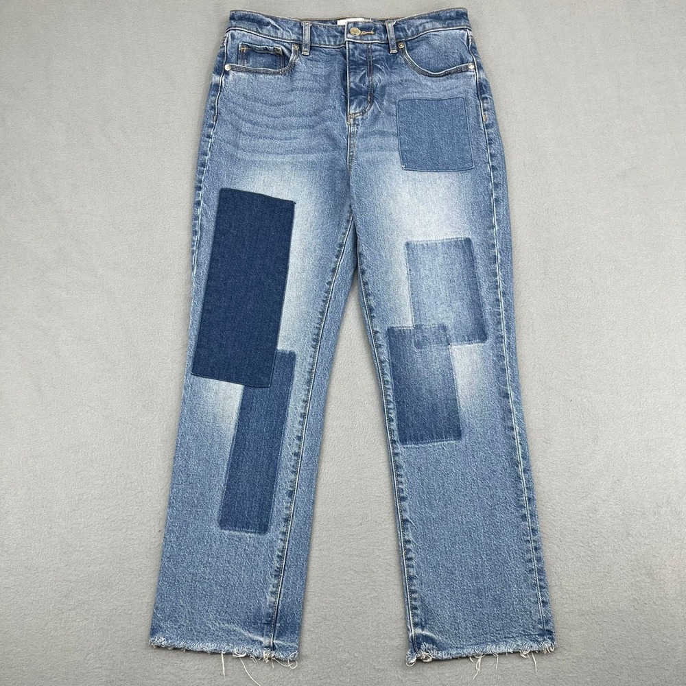 LOFT The Straight Crop Patchwork Jeans Blue Raw Hem Womens Size 26/2